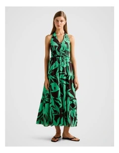 Gabrielle Shirred Halter Neck Midi Dress in Green
