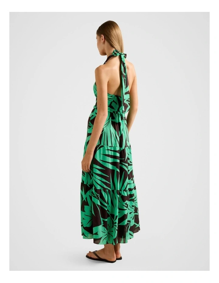 Gabrielle Shirred Halter Neck Midi Dress in Green image 2