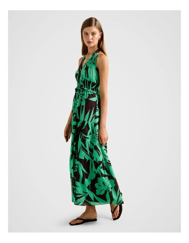 Gabrielle Shirred Halter Neck Midi Dress in Green image 3