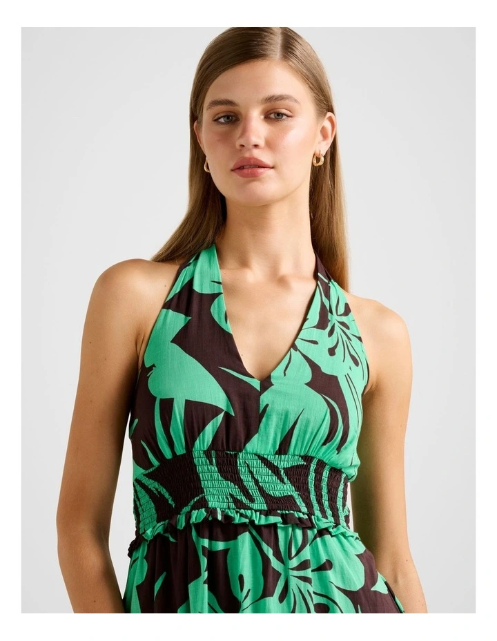 Gabrielle Shirred Halter Neck Midi Dress in Green image 4