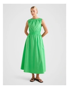 Bella Shirred Cotton Midi Dress in Green