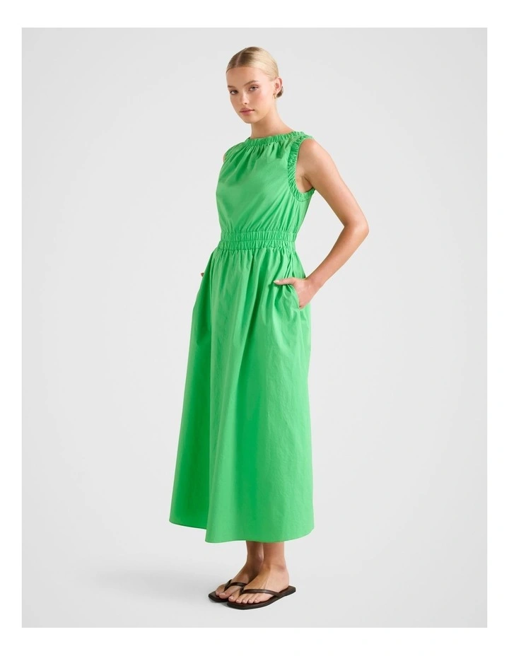 Bella Shirred Cotton Midi Dress in Green image 3