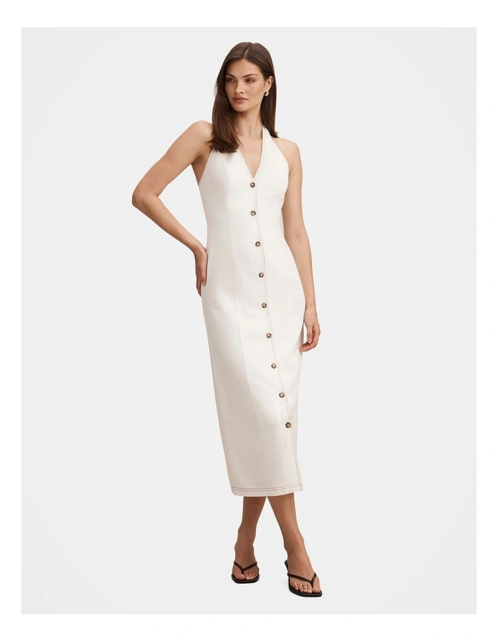 Amy Halter Neck Denim Midi Dress in White image 1