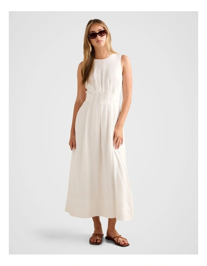 Rosie Linen Sleeveless Tuck Midi Dress in White image 1