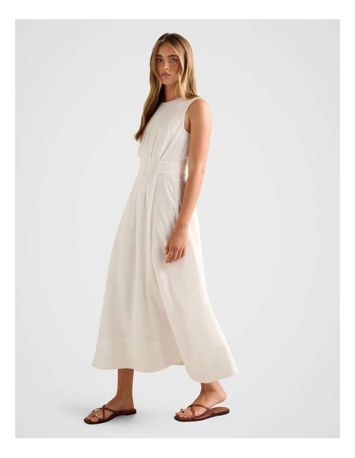 Rosie Linen Sleeveless Tuck Midi Dress in White image 3
