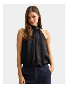 Jasmine Satin Bubble Hem Top in Black