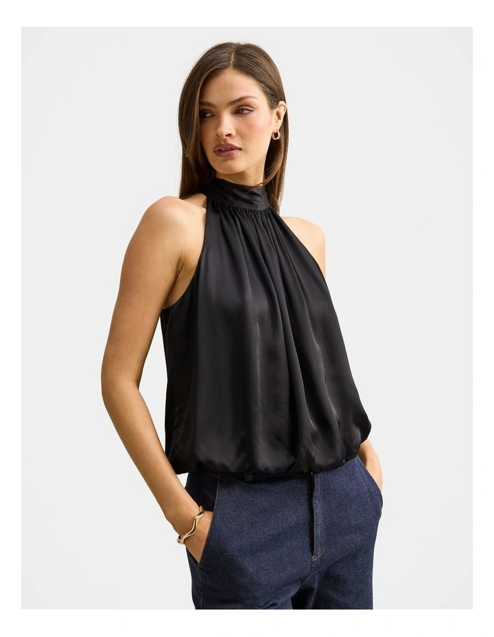 Jasmine Satin Bubble Hem Top in Black image 3