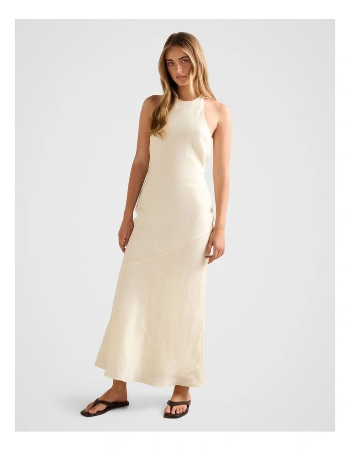 Primmy Halter Neck Linen Maxi Dress in Cream image 3