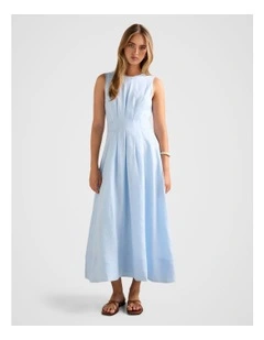 Rosie Linen Sleeveless Tuck Midi Dress in Blue