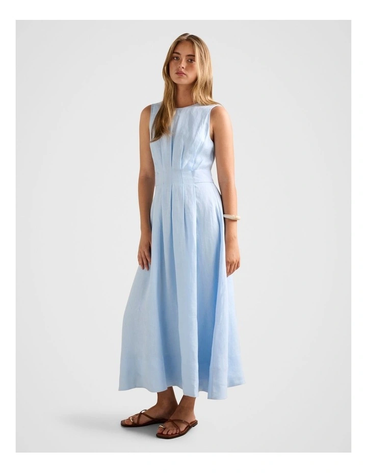 Rosie Linen Sleeveless Tuck Midi Dress in Blue image 3