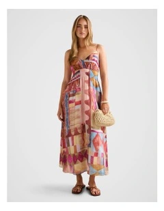 Gina Gathered Waist Midi Dress in Multi