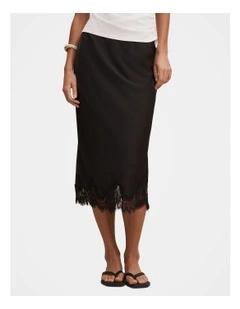 Liana Lace Satin Midi Skirt in Black