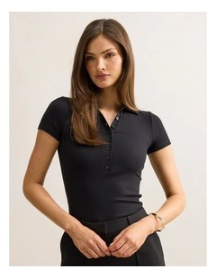 Aaliyah Ribbed Polo Neck T-shirt in Black