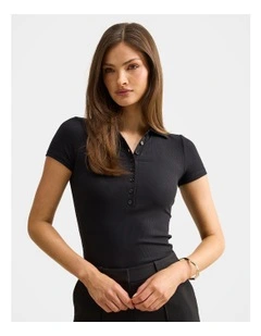 Aaliyah Ribbed Polo Neck T-shirt in Black