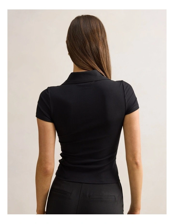 Aaliyah Ribbed Polo Neck T-shirt in Black image 2