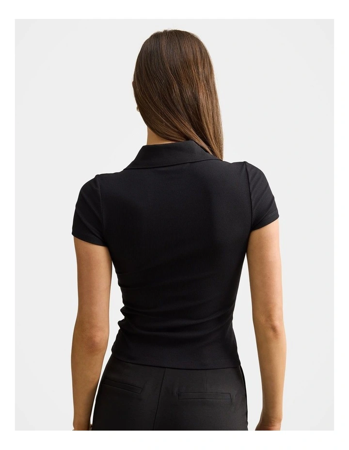 Aaliyah Ribbed Polo Neck T-shirt in Black image 2