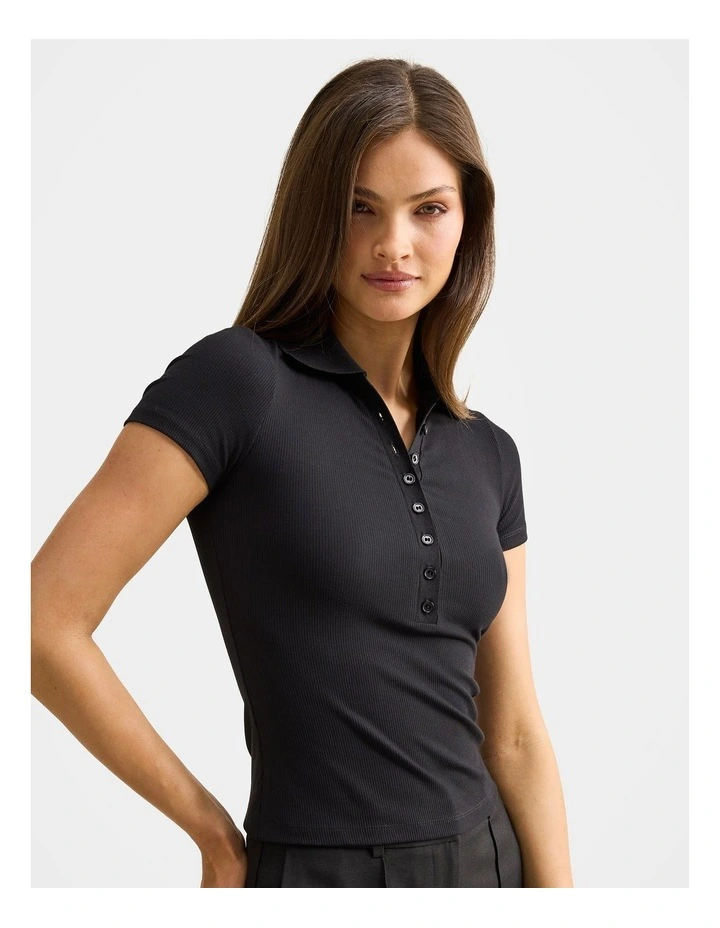 Aaliyah Ribbed Polo Neck T-shirt in Black image 3