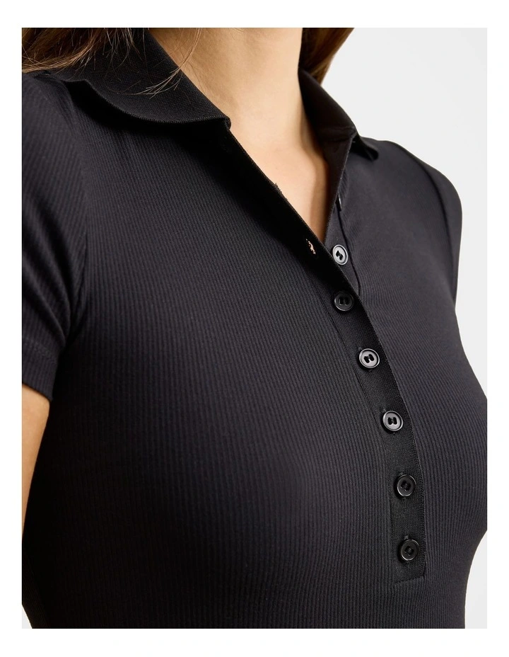 Aaliyah Ribbed Polo Neck T-shirt in Black image 4