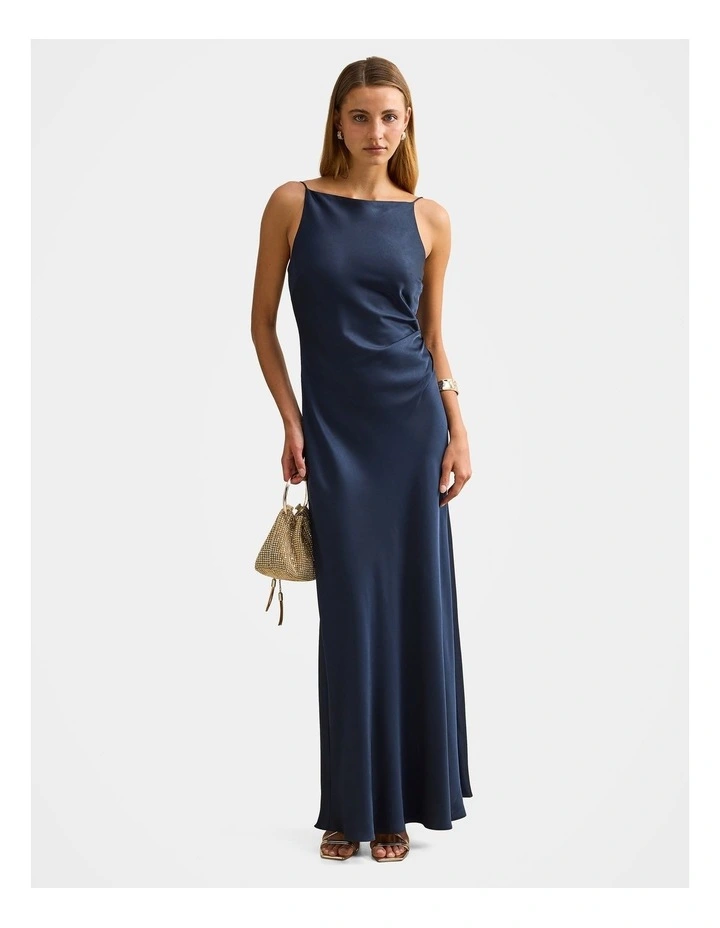 Josie Satin Tie Back Maxi Dress in Navy image 1