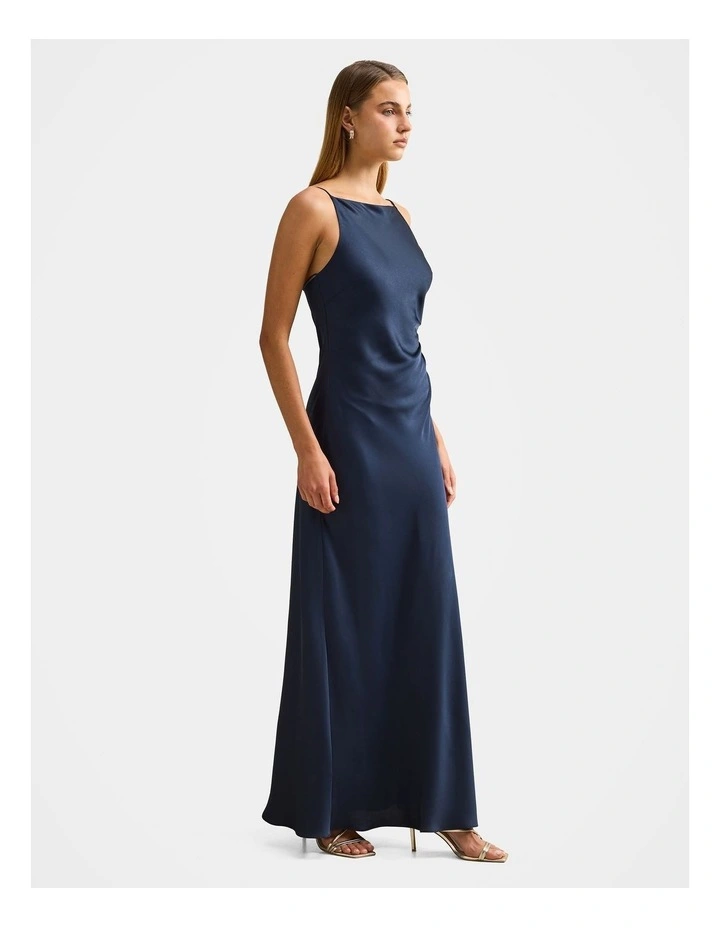 Josie Satin Tie Back Maxi Dress in Navy image 3