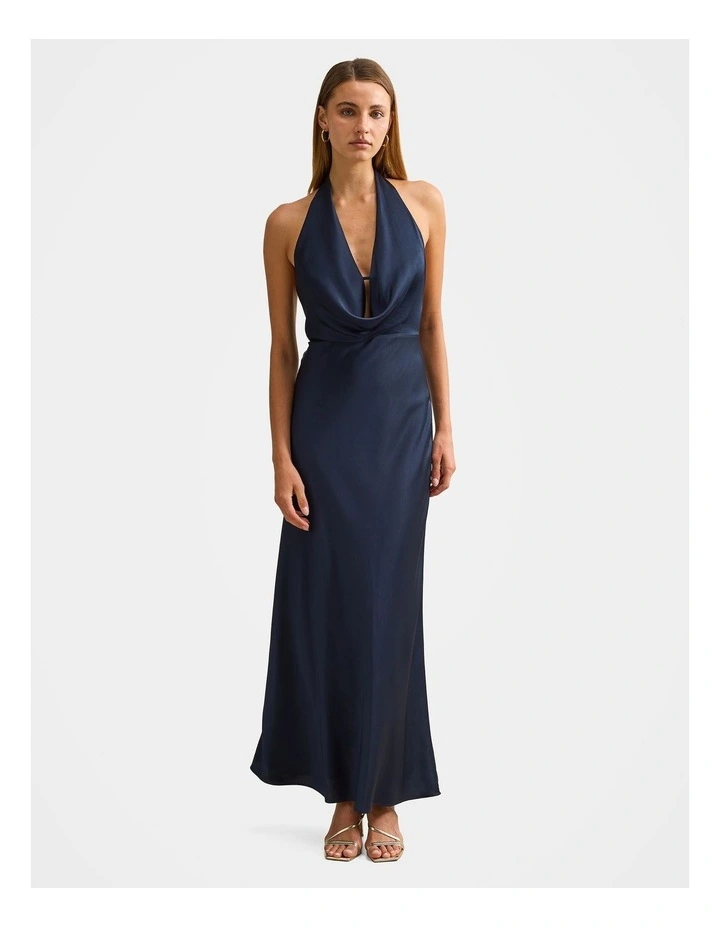 Becca Cowl Halter Neck Satin Gown in Navy image 1