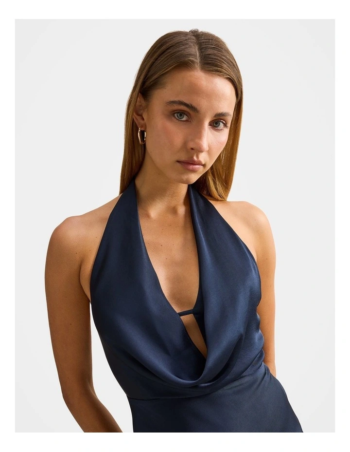 Becca Cowl Halter Neck Satin Gown in Navy image 4