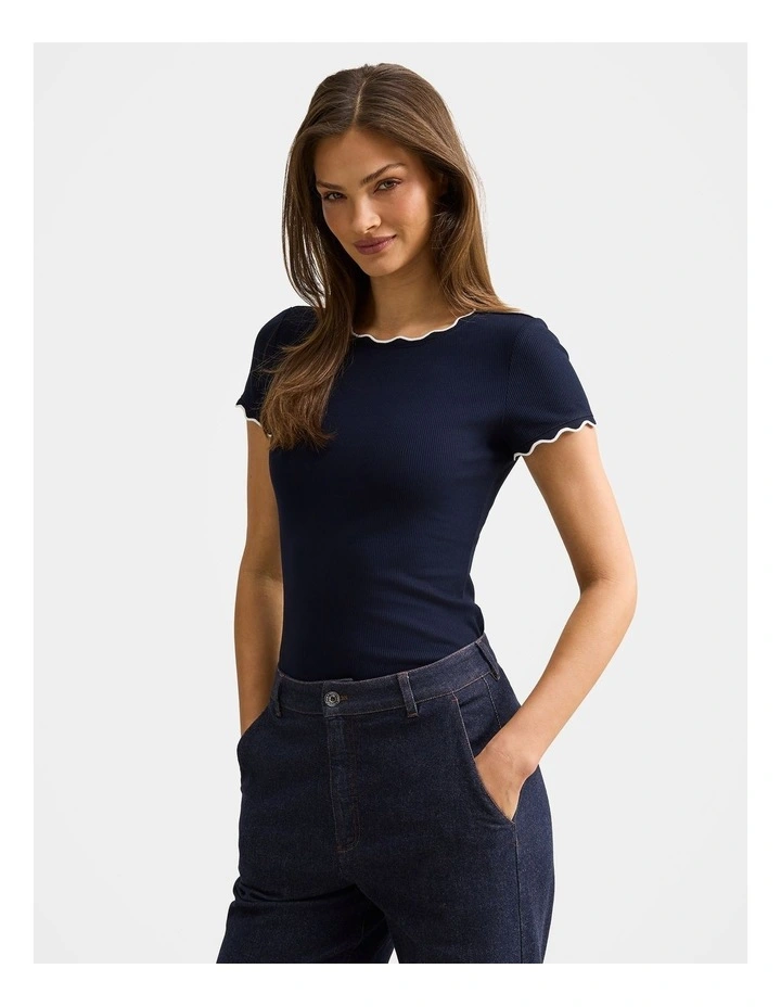Rebecca Scallop Trim T-Shirt in Navy image 3