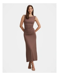 Jemima Ruched Jersey Midi Dress in Brown