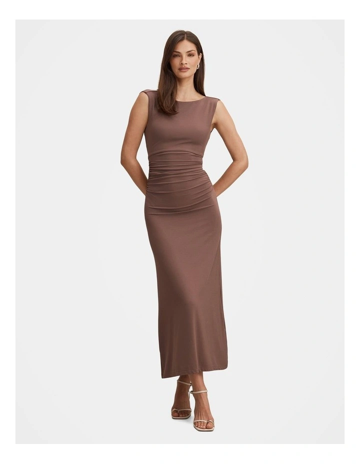 Jemima Ruched Jersey Midi Dress in Brown image 1