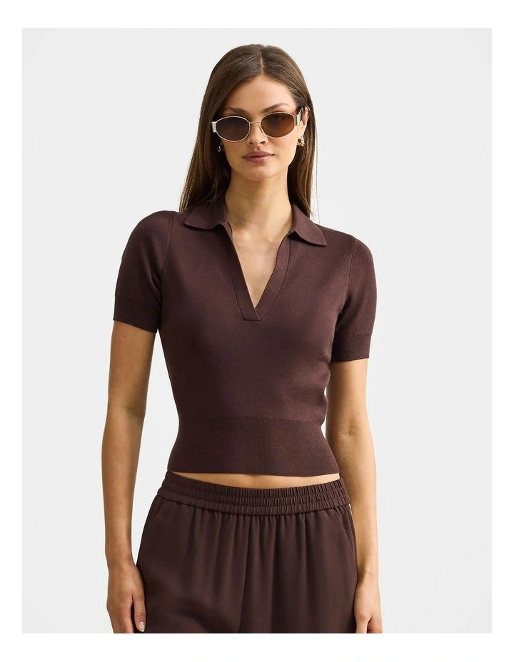 Gia Knitted Polo Top in Chocolate image 1