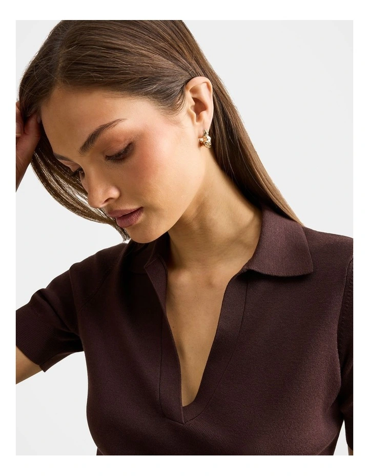 Gia Knitted Polo Top in Chocolate image 4