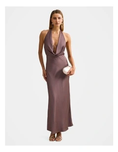Becca Cowl Halter Neck Satin Gown in Brown