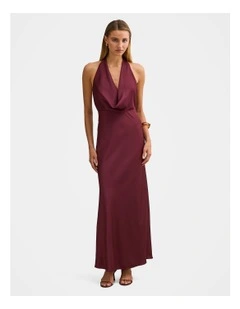 Becca Cowl Halter Neck Satin Gown in Red