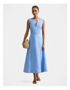Pippi V-Neck Linen Midi Dress in Blue