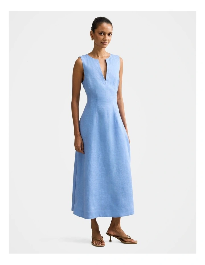 Pippi V-Neck Linen Midi Dress in Blue image 3