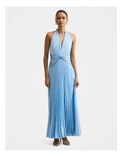Natasha Satin Halter Neck Maxi Dress in Blue