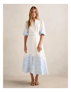 Esther Embroidered Midi Dress in Blue
