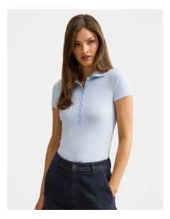 Aaliyah Ribbed Polo Neck Top in Blue