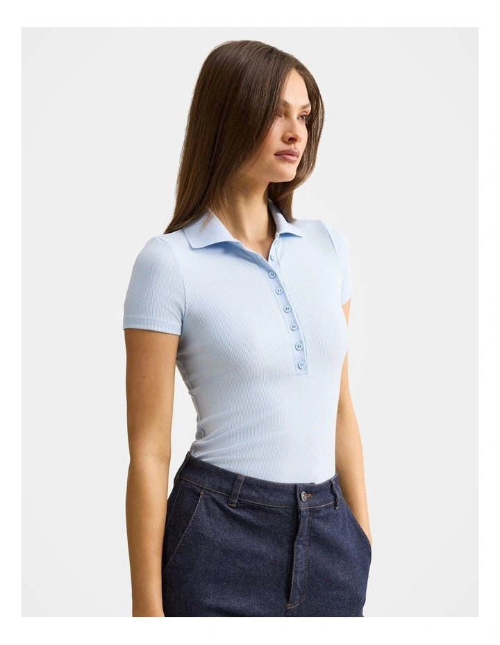 Aaliyah Ribbed Polo Neck Top in Blue image 3