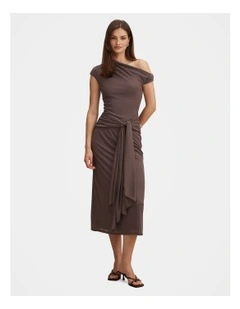 Piper Draped Tie Mesh Midi Dress in Brown