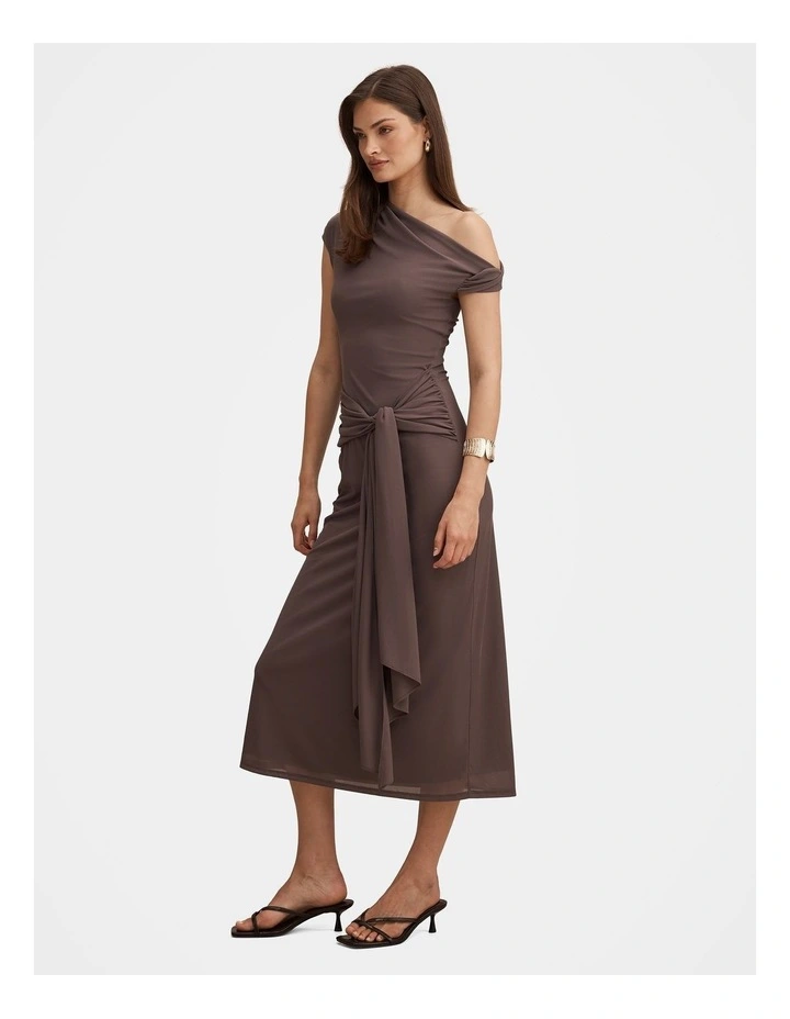 Piper Draped Tie Mesh Midi Dress in Brown image 5