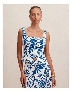 Darcy Printed Linen Top in Blue