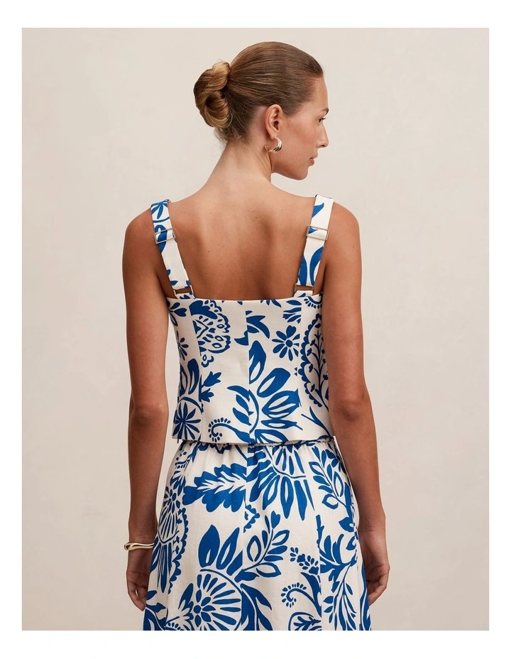 Darcy Printed Linen Top in Blue image 2