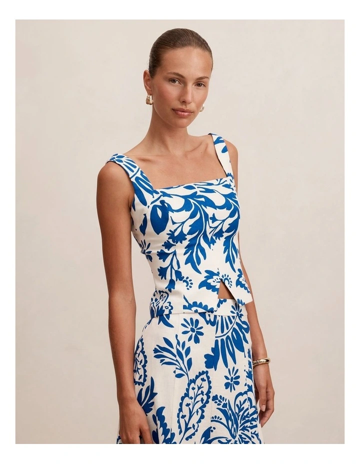 Darcy Printed Linen Top in Blue image 3