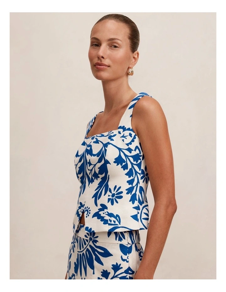 Darcy Printed Linen Top in Blue image 4