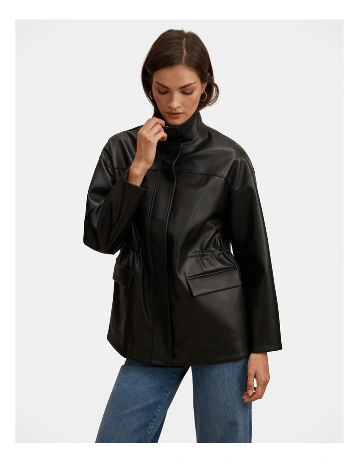 Cassidy Cinched Waist Faux Leather Shacket in Black image 1