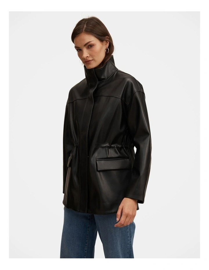 Cassidy Cinched Waist Faux Leather Shacket in Black image 3