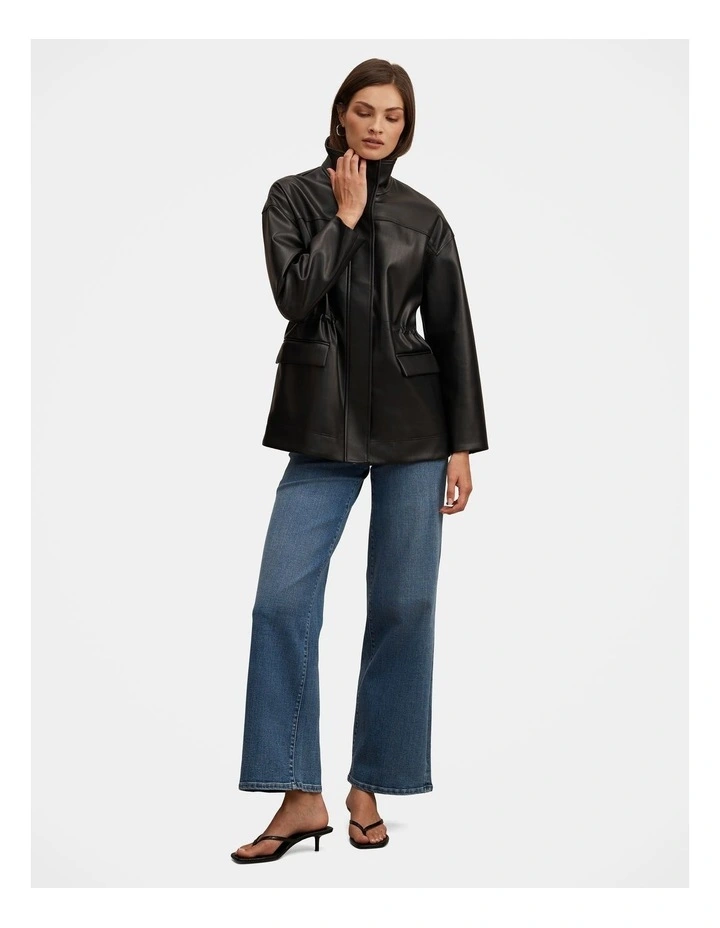 Cassidy Cinched Waist Faux Leather Shacket in Black image 5