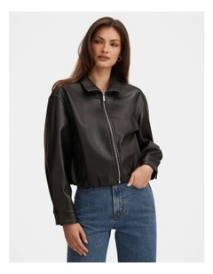 Julia Vegan Leather Harrington Jacket in Black