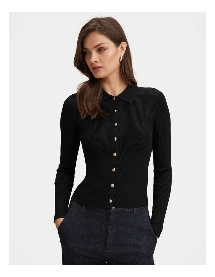 Selina Ribbed Knitted Polo Top in Black image 1